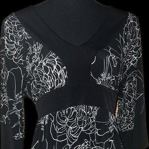 Black/White Flower print Long Dress with tie belt 3/4 sleeve